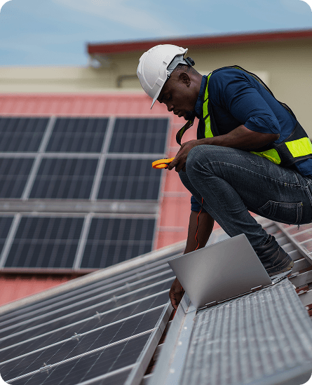 Business professionals in modern office with solar energy solutions